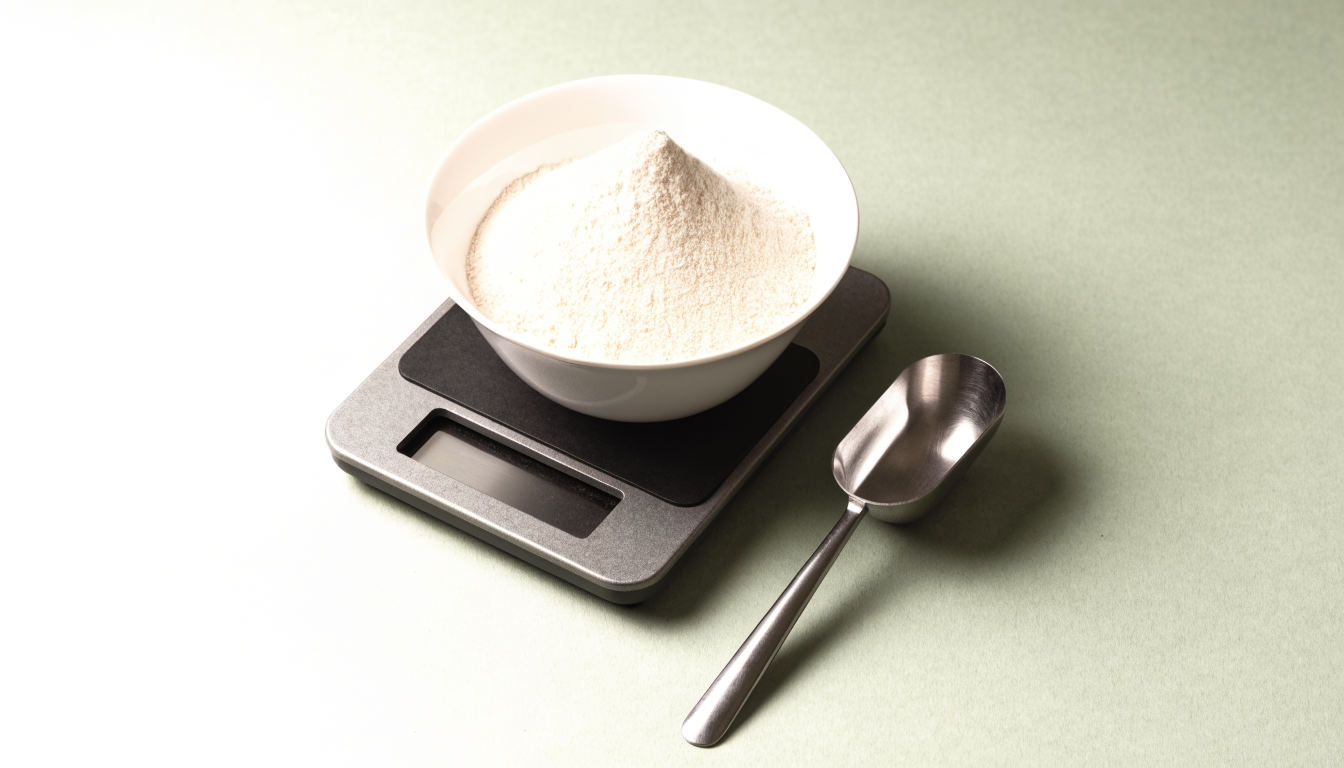 A bowl of protein powder on a kitchen scale with a steel scoop beside it