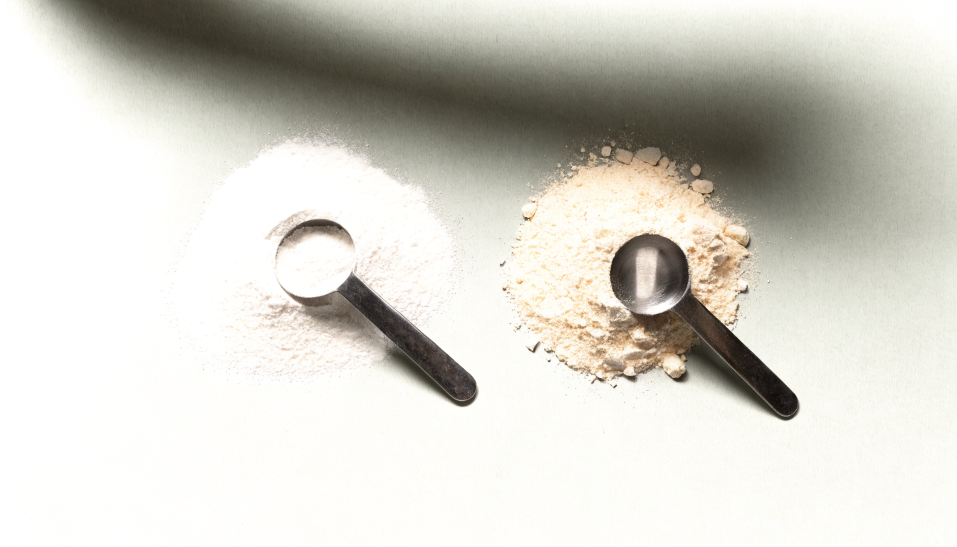 Two piles of protein powder side by side, one finer than the other