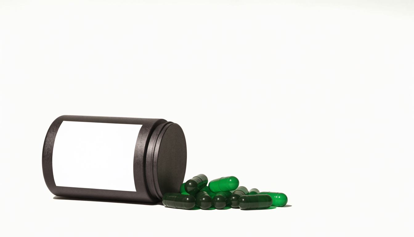 An unbranded supplement tub turned to show a blank nutrition panel